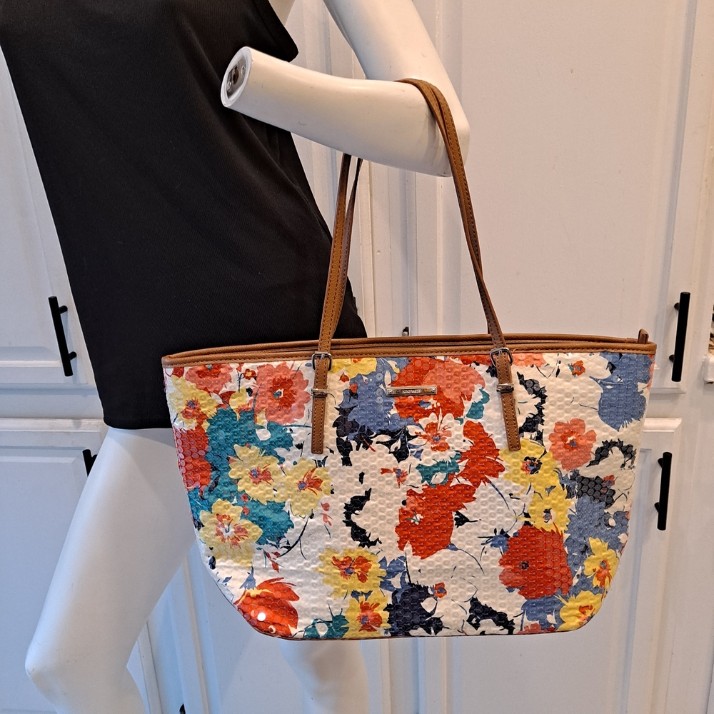 Nine West Multicolor Floral Tote with Tan Faux Leather Handles & Trim & Sequins